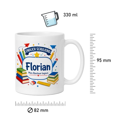 Tasse »Endlich Schulkind Florian Mein Abenteuer beginnt.«