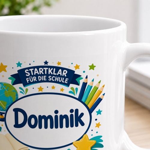 Tasse »Startklar für die Schule Dominik Die 1. Klasse kann kommen!«