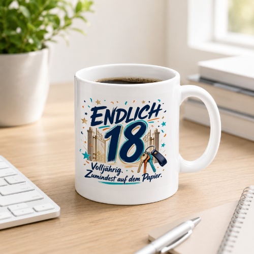 Tasse »Endlich 18 Volljährig. Zumindest auf dem Papier.«