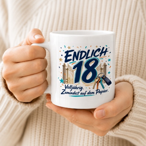 Tasse »Endlich 18 Volljährig. Zumindest auf dem Papier.«