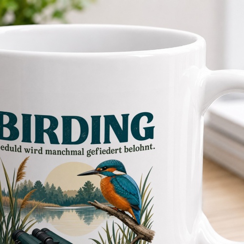 Tasse »Birding – Geduld wird manchmal gefiedert belohnt.«