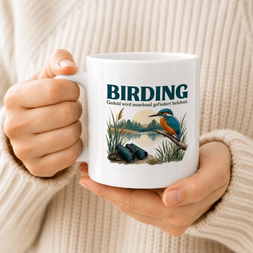 Tasse »Birding – Geduld wird manchmal gefiedert belohnt.«
