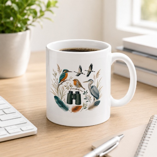 Tasse mit Vogelbeobachtungsmotiv
