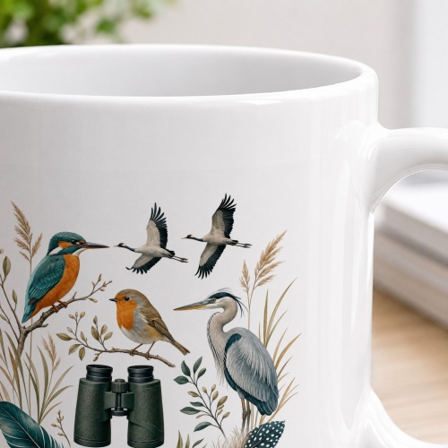Tasse mit Vogelbeobachtungsmotiv