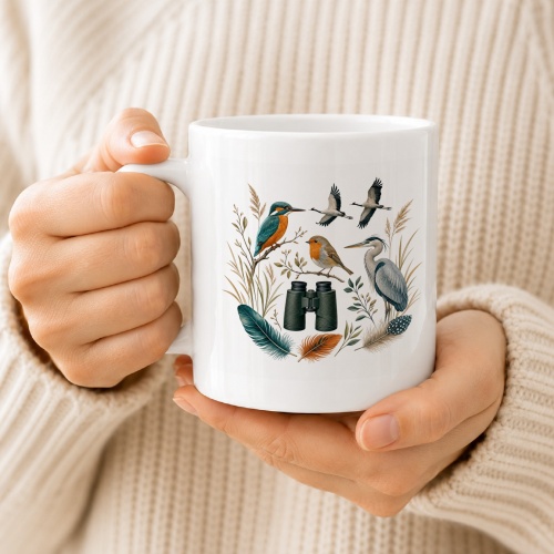 Tasse mit Vogelbeobachtungsmotiv