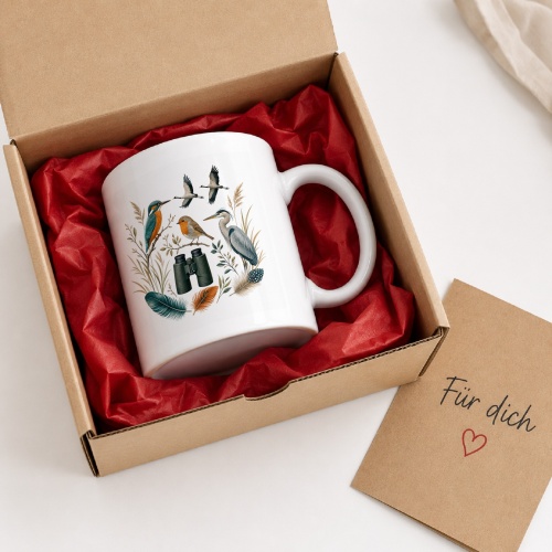 Tasse mit Vogelbeobachtungsmotiv