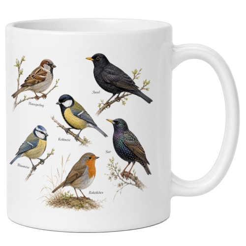 Tasse mit heimischen Singvögeln