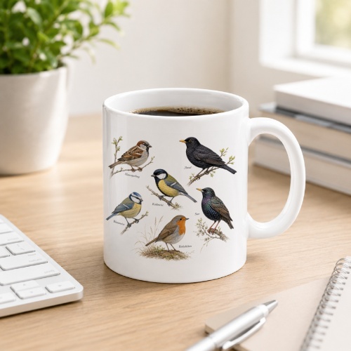 Tasse mit heimischen Singvögeln