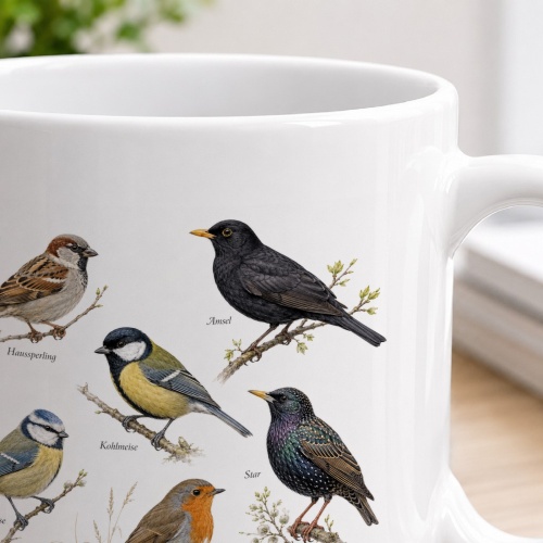 Tasse mit heimischen Singvögeln
