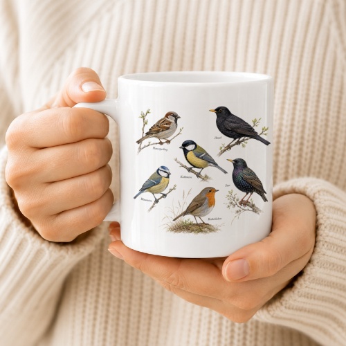 Tasse mit heimischen Singvögeln