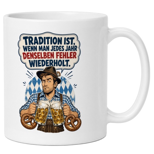 Tasse mit Bier- und Brezelmotiv