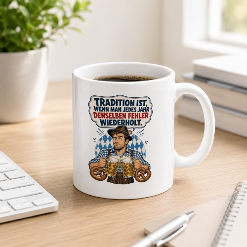 Tasse mit Bier- und Brezelmotiv
