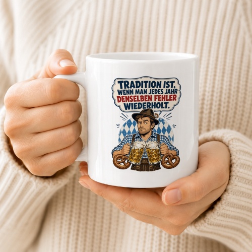 Tasse mit Bier- und Brezelmotiv