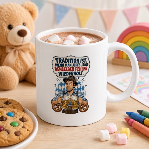 Tasse mit Bier- und Brezelmotiv