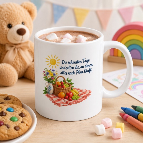 Tasse mit Spruch über Plan