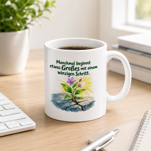 Tasse mit Spruch über Neubeginn